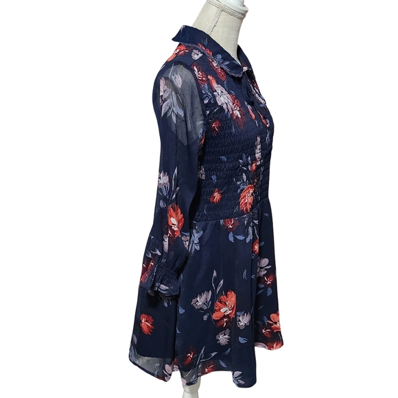 ABERCROMBIE AND FITCH Dress Womens Medium Navy Floral Smocked Tie Neck Romantic - Picture 6 of 11